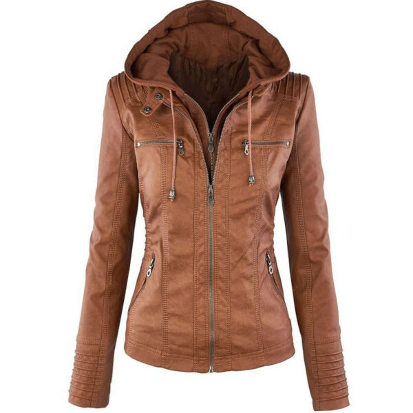 Fashion Detachable Hooded Jacket With Pockets Casual Solid Color Zipper Long Sleeve Leather Coat Autumn Winter Women's Clothing - Image 4