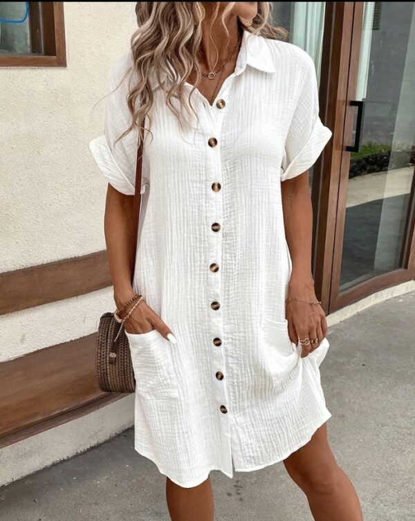 Summer Short Sleeve Shirt Dress Fashion Solid Color Single-breasted Mid-length Loose Dress - Image 4