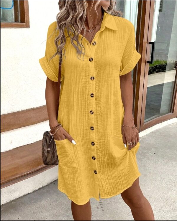 Summer Short Sleeve Shirt Dress Fashion Solid Color Single-breasted Mid-length Loose Dress - Image 8