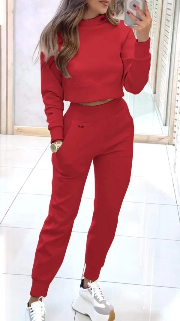 Stand Collar Sports Suit Fashion Pullover Long-sleeves Short Top And Slim Trousers With Pockets Solid Outfits Women's Clothing - Image 5