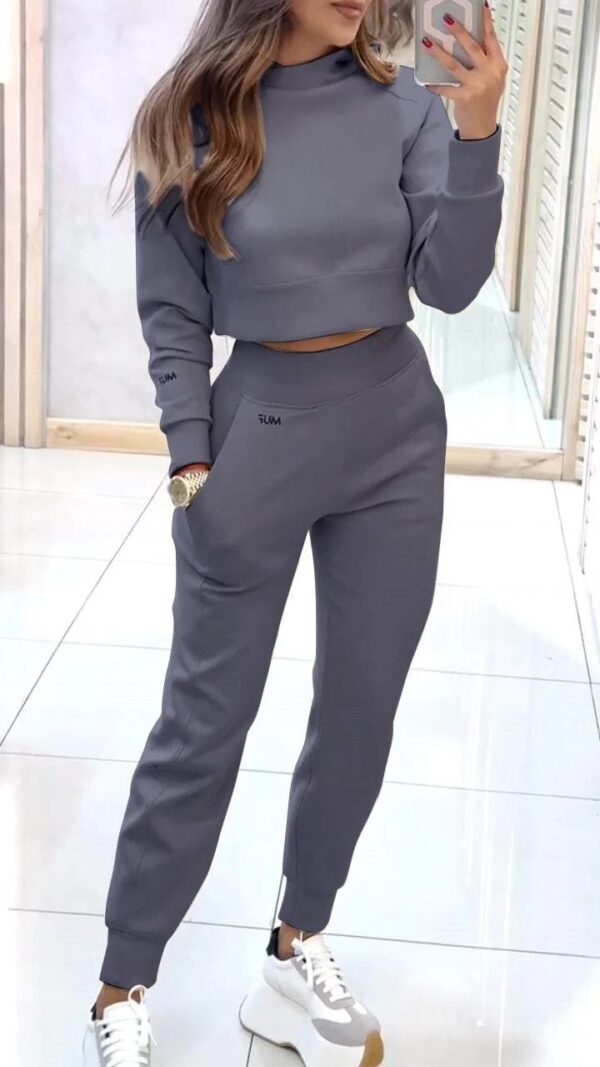 Stand Collar Sports Suit Fashion Pullover Long-sleeves Short Top And Slim Trousers With Pockets Solid Outfits Women's Clothing - Image 3