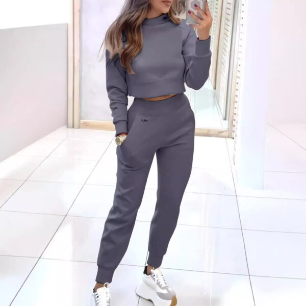 Stand Collar Sports Suit Fashion Pullover Long-sleeves Short Top And Slim Trousers With Pockets Solid Outfits Women's Clothing - Image 7