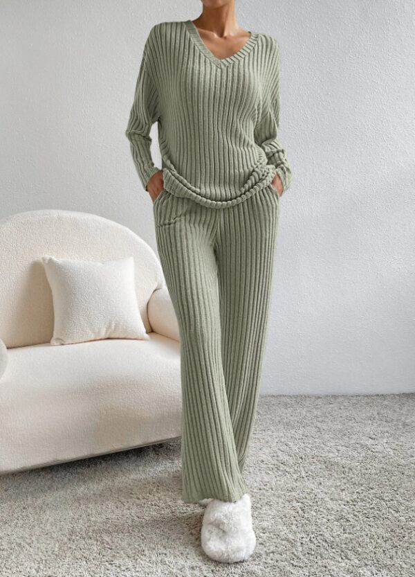 Fashion Solid Striped Suit V-neck Long-sleeved Top And Casual Straight Pants Loose Temperament Women's Clothing - Image 7