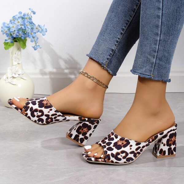 Leopard Square Toe Sandals Summer High-heeled Slippers Chunky Heel Shoes For Women - Image 2