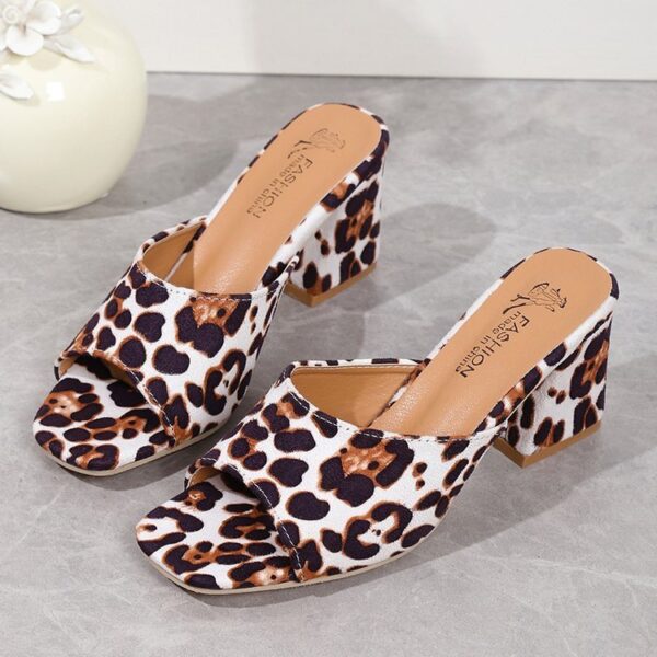 Leopard Square Toe Sandals Summer High-heeled Slippers Chunky Heel Shoes For Women - Image 4
