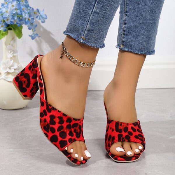 Leopard Square Toe Sandals Summer High-heeled Slippers Chunky Heel Shoes For Women - Image 6