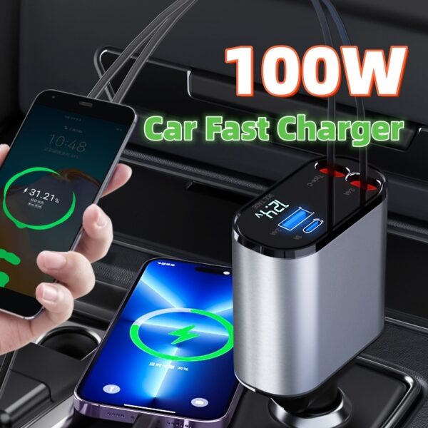 Car charger 100W, USB-C fast charging, metal - Image 4