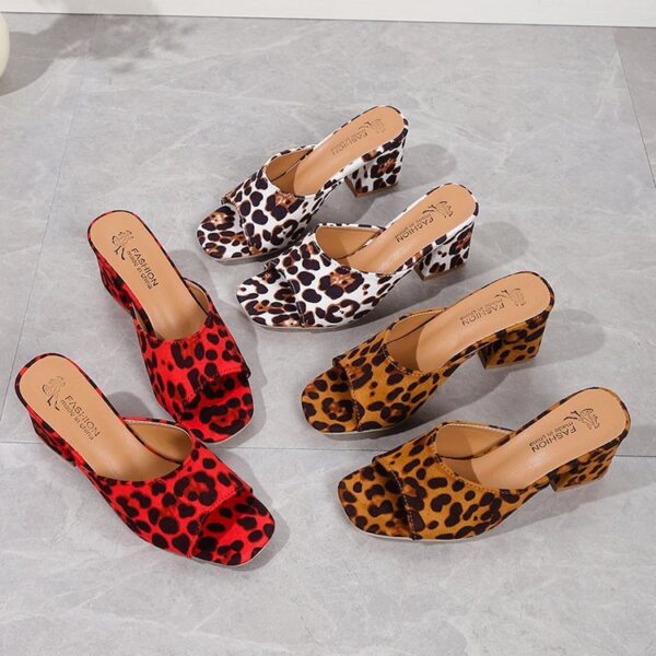 Leopard Square Toe Sandals Summer High-heeled Slippers Chunky Heel Shoes For Women - Image 8