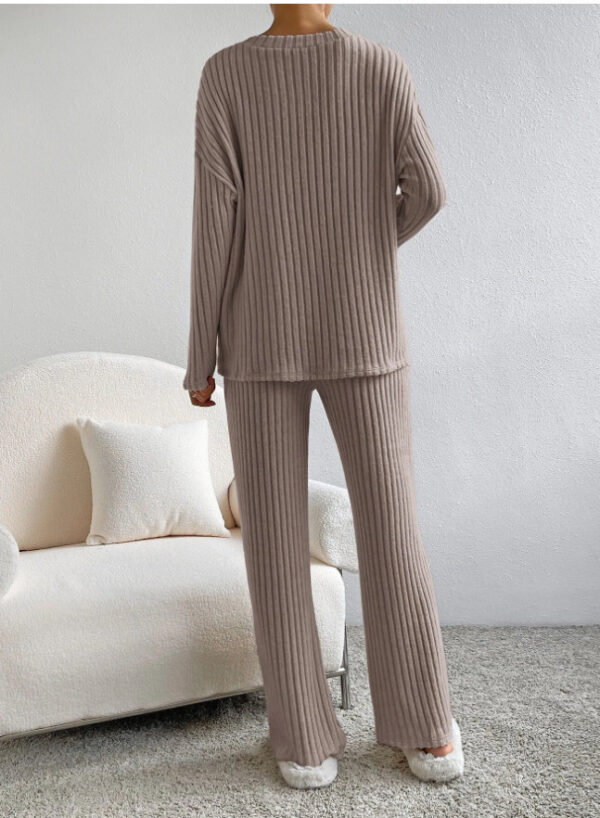 Fashion Solid Striped Suit V-neck Long-sleeved Top And Casual Straight Pants Loose Temperament Women's Clothing - Image 2