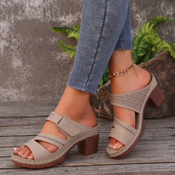 Square-heeled Peep-toe Slides Shoes Summer Casual Chunky Heel Sandals Solid Color Slippers - Image 2