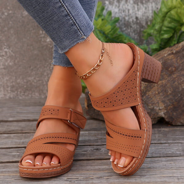 Square-heeled Peep-toe Slides Shoes Summer Casual Chunky Heel Sandals Solid Color Slippers - Image 7