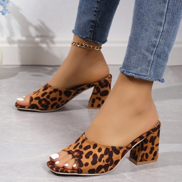 Leopard Square Toe Sandals Summer High-heeled Slippers Chunky Heel Shoes For Women - Image 7